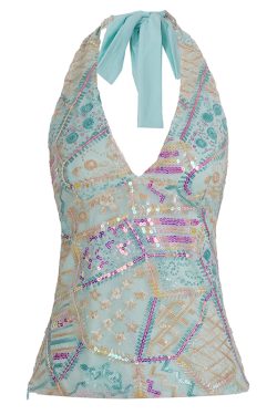 Sequin Spliced Halter Backless Tie-Up Top for Summer Vacation, Pattaya Style, Trendy Dopamine Fashion, Y2K Vibes