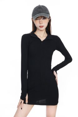 Sexy Black Long Sleeve Bodycon Dress for Women - Knitted Slim Fit Short Skirt - Spring 2025 Fashion