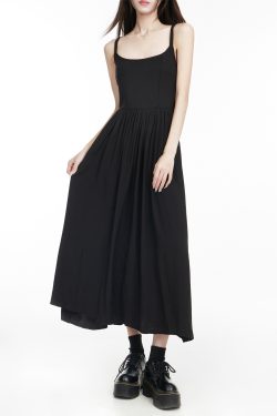 Sexy Black Spaghetti Strap Dress for Women - A-Line Knee-Length with Waist Cinching, Backless Flared Skirt, Summer 2025 Fashion