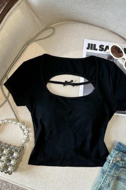 Sexy Hollow Back Short Sleeve T-Shirt for Women - Exquisite Fitted Modal Top, High-End Fashion, Trendy Style, Perfect for 90s and Y2K Looks