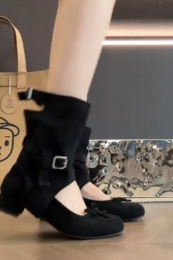 Sheepskin Summer Boots with Chunky Heel and Bow Detail - Black Ballet-Style Hollow Design for Trendy Outfits