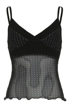 Sheer Mesh Polka Dot Camisole - Sexy V-Neck, Waist-Cinching Slim Fit Top, European and American Style, Perfect for Night Out