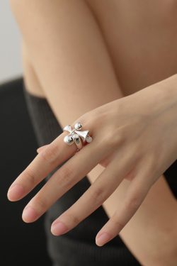 Silver-Plated Round Bead Bell Pendant Open Ring - Korean Minimalist Versatile Fashion Jewelry
