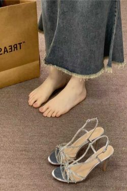 Silver Rhinestone High-Heeled Sandals for Women - Summer 2024 One-Strap Open-Toe Sexy Goddess Style