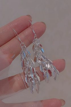 Silver Tassel Leaf Clip-On Long Earrings for Women - 2025 Trendy Light Luxury High-End Design, No Ear Holes