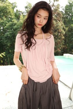 Skin-Friendly Breathable Mulberry Silk Tencel Faux Two-Piece Halter Short Sleeve T-Shirt for Effortless Chic Style