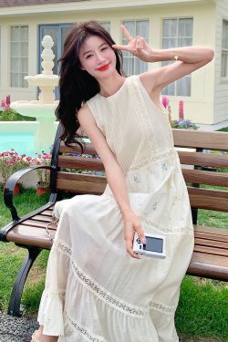 Sleeveless French Patchwork Printed Dress for Women - 2025 Summer Loose Vacation Style Tank Dress