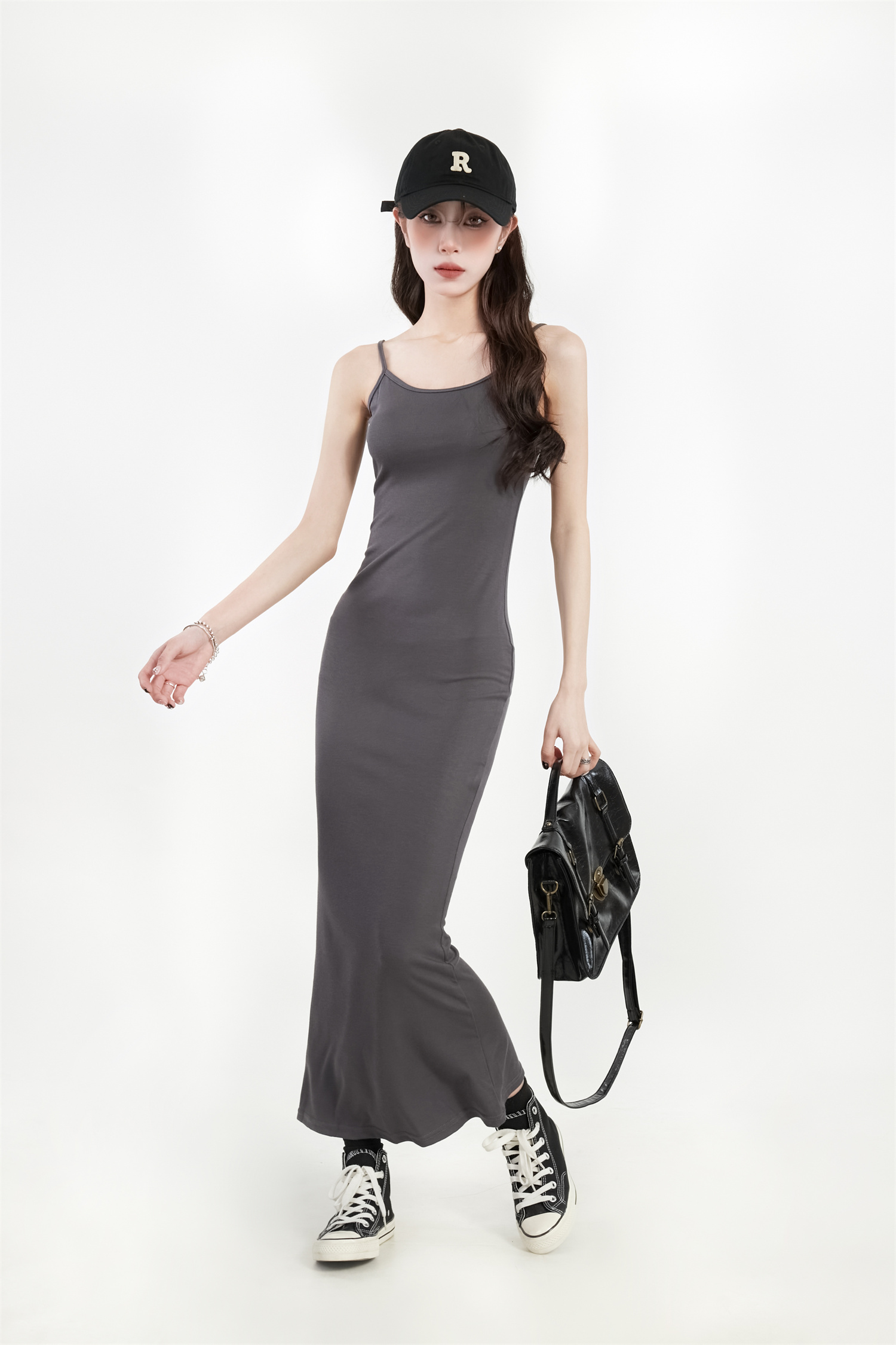 Slim Fit Bodycon Gray Spaghetti Strap Dress with Adjustable Straps - Sexy Hot Girl Long Dress for 90s Y2K Style