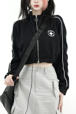 Slim Fit College Style Short Jacket for Women, Casual Zipper Cardigan, Autumn 2022, Stand Collar, Trendy 90s Inspired Outerwear