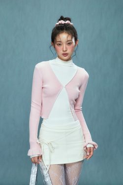 Slim-Fit V-Neck Knitted Cardigan for Women with Ruffled Sleeves, Long Sleeve, Flattering Korean Style Top