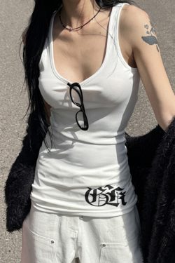 Slim-Fit Versatile Ribbed Tank Top with Cross Totem Print - American Casual Street Style Trendy Y2K Fashion Top