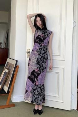 Smoked Purple Tone Printed Patchwork Contrast Color Stretch Mesh Chinese Style Qipao Dress for Modern Fashion Enthusiasts