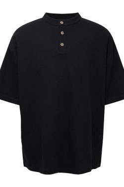 Soft American Style Henry Collar T-shirt - Comfortable Short Sleeve Top for Versatile Everyday Wear