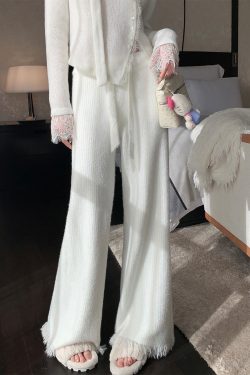 Soft Fluffy White Knitted Wide-Leg Pants for Women - High Waist Draped Mink Velvet with Tassel Edges - Autumn Winter Style