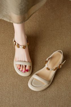 Soft Golden Flower One-Strap Chunky-Heeled Open-Toe Sandals for Petite Women - Thick Sole, Perfect for Summer Style