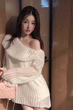 Soft Hollow Shoulder White Sweater for Women - Loose Elegant Knitted Cardigan in Lazy Style