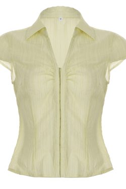 Solid Color Classic Lapel Shirt with Waist-Cinching Slim Fit - Gentle Wood Tone Short Top for Y2K and Korean Style Fashion
