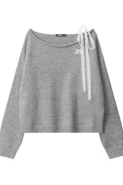 Solid Color Off-Shoulder Bow Tie Slant Shoulder Sweater for Women – Lace Detail Slim-Fit Knitted Top, Y2K Style