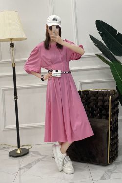 Solid Color Pleated Waist-Defined Puff Sleeve Side Split Mid-Length Casual Slim Dress for Women - European Summer Style