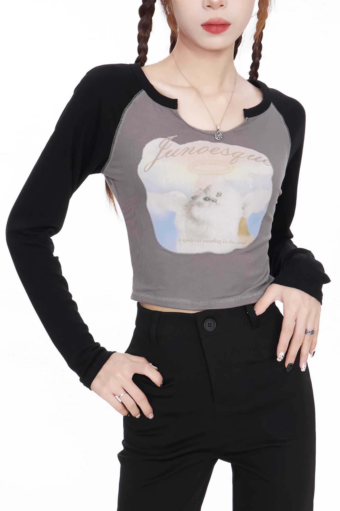 Spicy Girl Cat Print Color-Blocking Cropped T-Shirt with Raglan Long Sleeves for Early Autumn Fashion