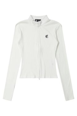 Spicy Girl Double Zipper Stand Collar Long Sleeve T-Shirt for Women - Slim Fit, Waist-Cinching, American Style Fashion Top