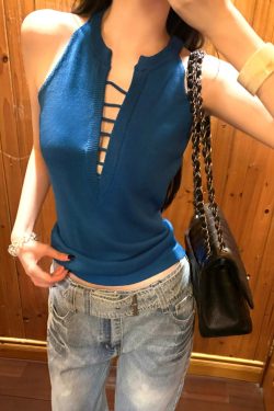 Spicy Girl Style Hollow Knit Tie Tank Top - Versatile Sexy Women's Top for Y2K and 90s Fashion