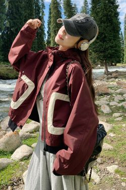 Spliced Ankara Red Hooded Windbreaker Jacket for Women, Thick Quilted Short Style for Spring and Autumn 2025, Korean Fashion