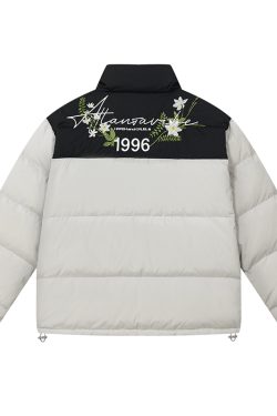 Spliced Green Plant Floral Embroidery Stand Collar Cotton Jacket - American Style Handwritten Letter Movement Fashion Outerwear