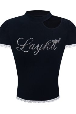 Spliced Lace Rhinestone Letter Short-Sleeve T-Shirt with Hollow Shoulder - Slim Sexy Summer Style for Hot Girls