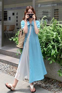Spliced Short-Sleeve A-Line Dress for Women - 2025 Summer Korean Style, Loose Fit, Fashionable Mid-Length Design