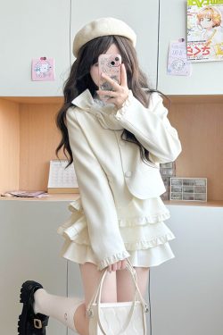 Spring College Style JK Uniform Coat with Bowknot and Cake Skirt - Women's Pudding Bear Inspired Little Chanel Look