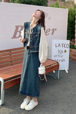 Spring Outfit Set - High-End Denim Vest, Half Skirt & Base Shirt - Unique Three-Piece Ensemble for Effortless Style