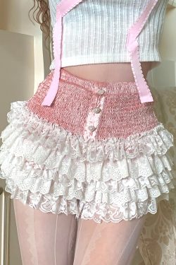 Spring Peach Blossom A-Line Cake Skirt with Pink and White French Lace Ballet Shorts - Floral 90s Inspired Fashion