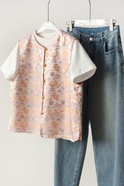 Spring Pink Woven Brocade Vest - Chinese National Style Sleeveless Jacket with Frog Button - Silk Blend for Gentle Temperament
