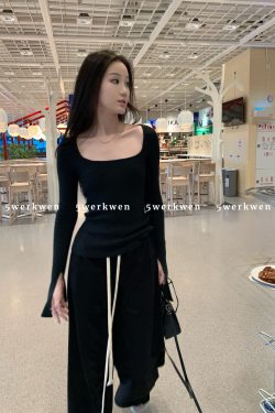 Spring Summer Square Neck Knitted Top with Slightly Flared Sleeves, Versatile Slim Fit Women's Sweater, Casual Layering Essential