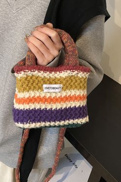 Spring/Summer Knitted Color-Blocking Women's Tote Bucket Bag - Fashionable Crossbody Yarn Vegetable Basket Bag 2025