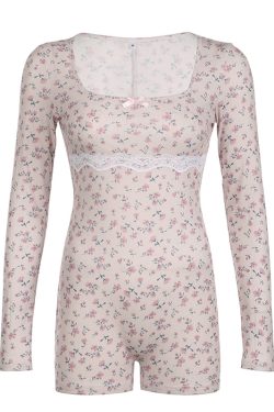 Square Collar Lace Long Sleeve Floral Print Jumpsuit - Casual Slim Fit Bodycon Shorts for Early Autumn European Style