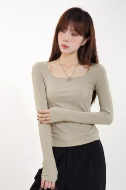 Square Neck Long Sleeve Off-Shoulder Top for Women, Slim Fit T-Shirt, Fashionable Spring 2025 Style, Youthful Design, Trendy Look