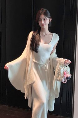 Square Neck Sleeveless White Knitted Long Dress with Belt - Autumn Winter Trendy Fashion
