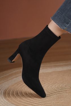 Square Toe Chunky Heel Elastic Slim Ankle Boots for Women - Stylish Spring Autumn High-Heeled Sock Boots