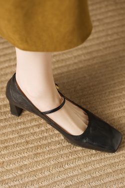 Square-Toe Chunky Heeled Mary Jane Shoes for Women - Niche French Style, Genuine Leather, Wide Strap, Shallow Mouth Design