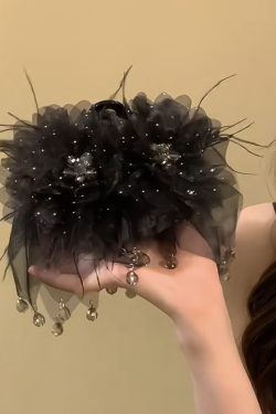 Starry Sky Black Feather Flower Hair Clip - High-End Light Luxury Shark Clip Hair Accessory for Fluffy Volume & Fairy Style