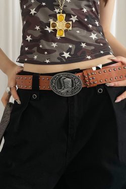 Steampunk Rivet Belt for Women - Vintage Carved Leather Design for Skirts and Jeans, Unique Niche Style Accessory