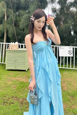 Strapless Diamond Starfish Dress with Irregular Ruffle Hem and Flowing Ribbons - European and American Vacation Beach Style