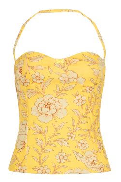 Strapless Yellow Waist-Defining Bustier Top - Absurd Ancient Style Chinese Plant Print, Y2K Fashion