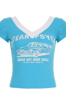 Street Style American Vintage Letter Print V-Neck Color Block Crop Top - Casual Versatile Hot Girl Tee for Y2K Fashion