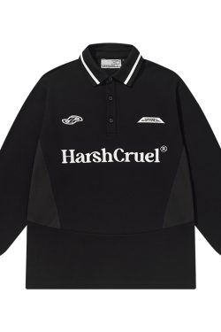 Street Style Loose Fit Long Sleeve Polo Shirt with Embroidered Detail, Casual Spliced Design