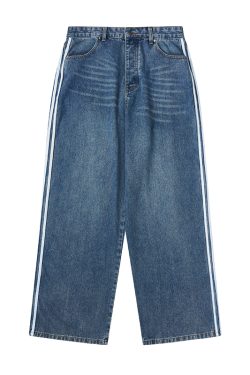 Street Style Loose Wide-Leg Jeans with Three-Stripe Patchwork - American Clean Fit, Trendy and Fashionable