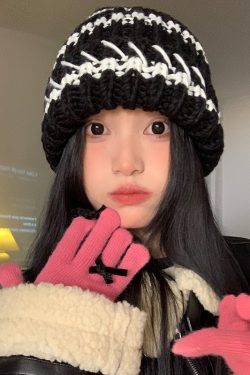 Striped Black Women's Winter Knitted Hat - Slouchy Warm Ear Protection - Versatile Korean Style Knitted Cap for Cold Weather