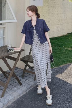 Striped Camisole Dress and Denim Short Sleeve Set - Trendy May Day Travel Outfit, Perfect for 90s and Y2K Style